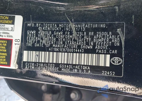 2013 Toyota Avalon Xle Touring из США, поврежденный, VIN 4T1BK1EB7DU014443